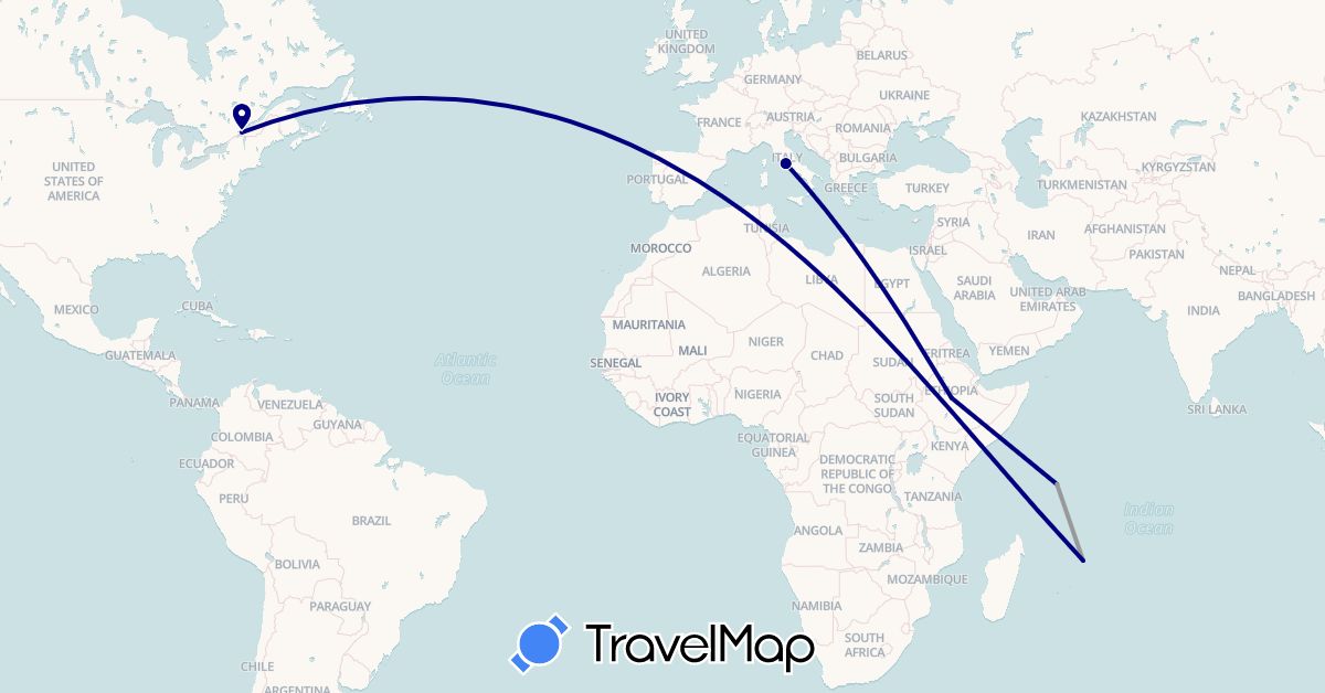 TravelMap itinerary: driving, plane in Canada, Ethiopia, Italy, Mauritius, Seychelles (Africa, Europe, North America)