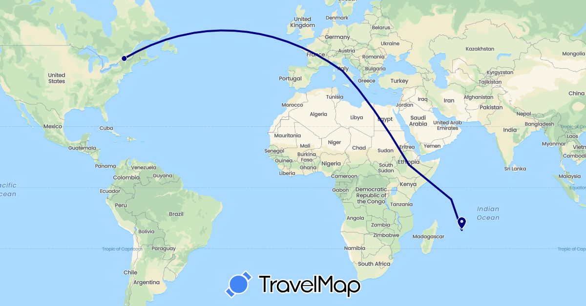 TravelMap itinerary: driving in Canada, Ethiopia, Italy, Mauritius, Seychelles (Africa, Europe, North America)